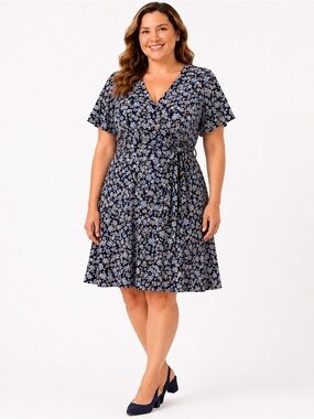 Lane Bryant Floral Fit Flare Dress 14/16 Faux Wrap Tie Waist Blue